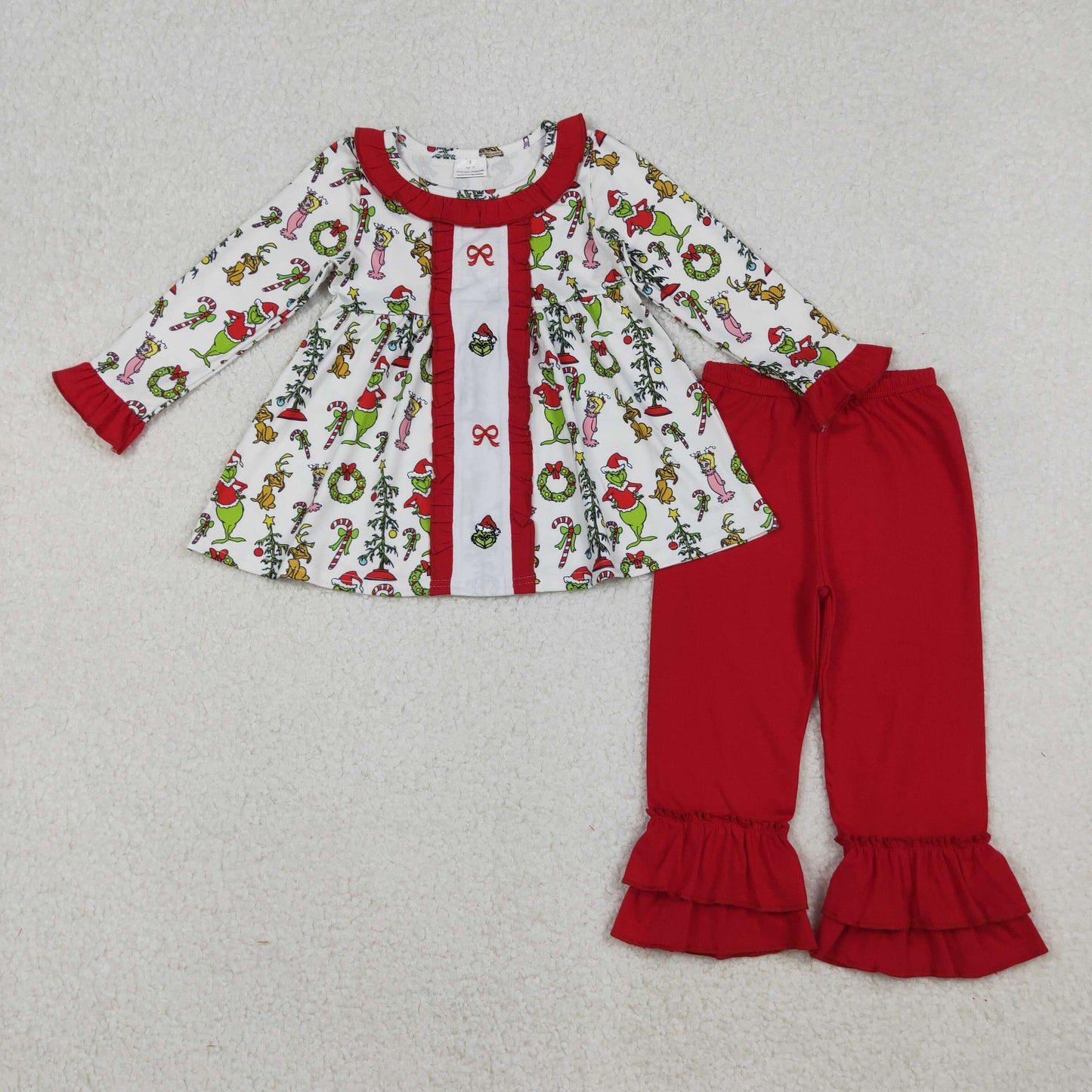 Embroidery Grin Bows Baby Girls Tunic Ruffle Pant Christmas Clothes Sets