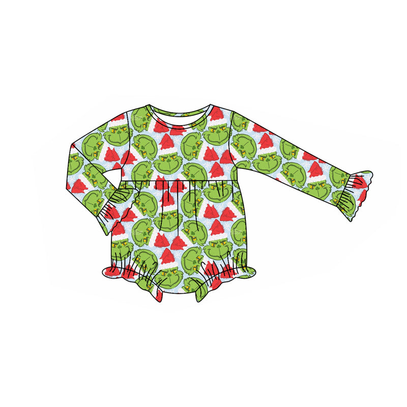 Preorder(moq 5)Baby Girls Green Face Plaid Christmas Ruffle Rompers