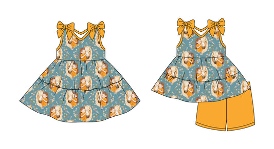 Preorder moq 5 Custom Baby Girls Yellow Girls Horses Floral Tunic Short Set Knee Length Dresses