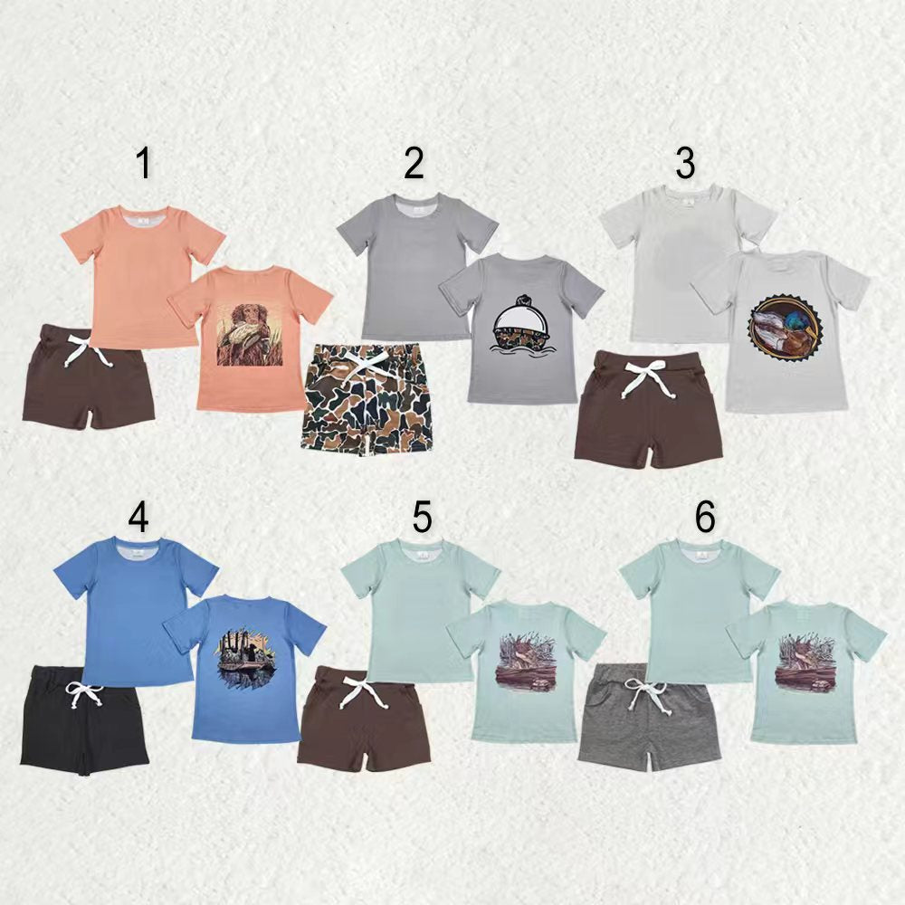 Sibling Baby Boys Short Sleeve Back Ducks Dogs Fishing Top Pockets Shorts Hunting Clothes Sets