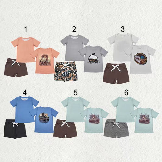 Sibling Baby Boys Short Sleeve Back Ducks Dogs Fishing Top Pockets Shorts Hunting Clothes Sets