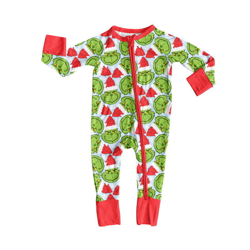 Preorder(moq 5)Baby Girls Green Face Plaid Christmas Zipper Footie Rompers