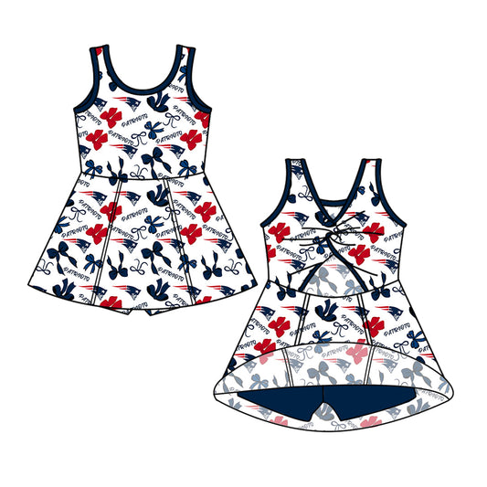 Preorder (moq 5)Baby Girls Sleeveless Bows Patriots Team Short Knee Length Dresses