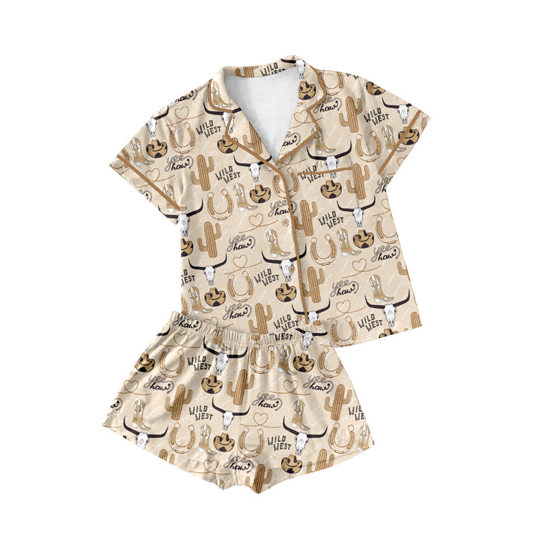 Preorder(moq 5)Adult Women Western Wild Cow Buttons Tee Shirts Shorts Pajamas Sets