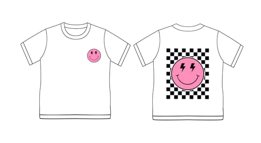 Preorder (moq 5)Baby Girls Pink Smile Checkered Short Sleeve Tee Shirts