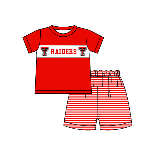 Preorder (moq 5)Baby Boys Red Short Sleeve Raiders Top Stripe Shorts Team Clothes Sets