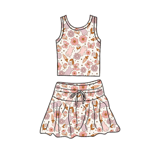 Preorder (moq 5)Baby Girls Flowers Rabbits Vest Top Skirt Short Easter Clothes Sets