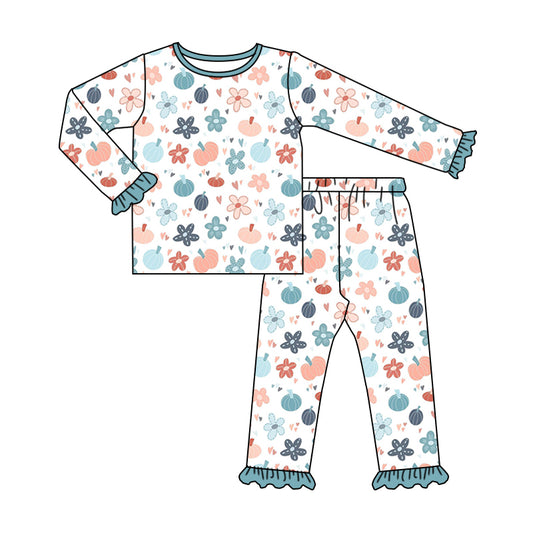 Baby Girls Fall Blue Pumpkins Ruffle Shirts Pants Pajamas Preorder(moq 5)