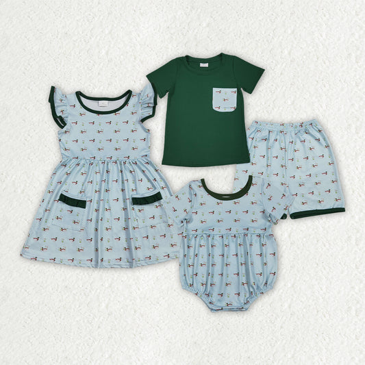 Sibling Baby Boys Girls Ducks Hunting Shorts Set Pockets Knee Length Dress Rompers