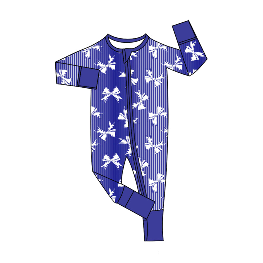 Preorder (moq 5) Baby Girl Clothes Blue Stripe White Bow Print Long Sleeve Zipper Romper