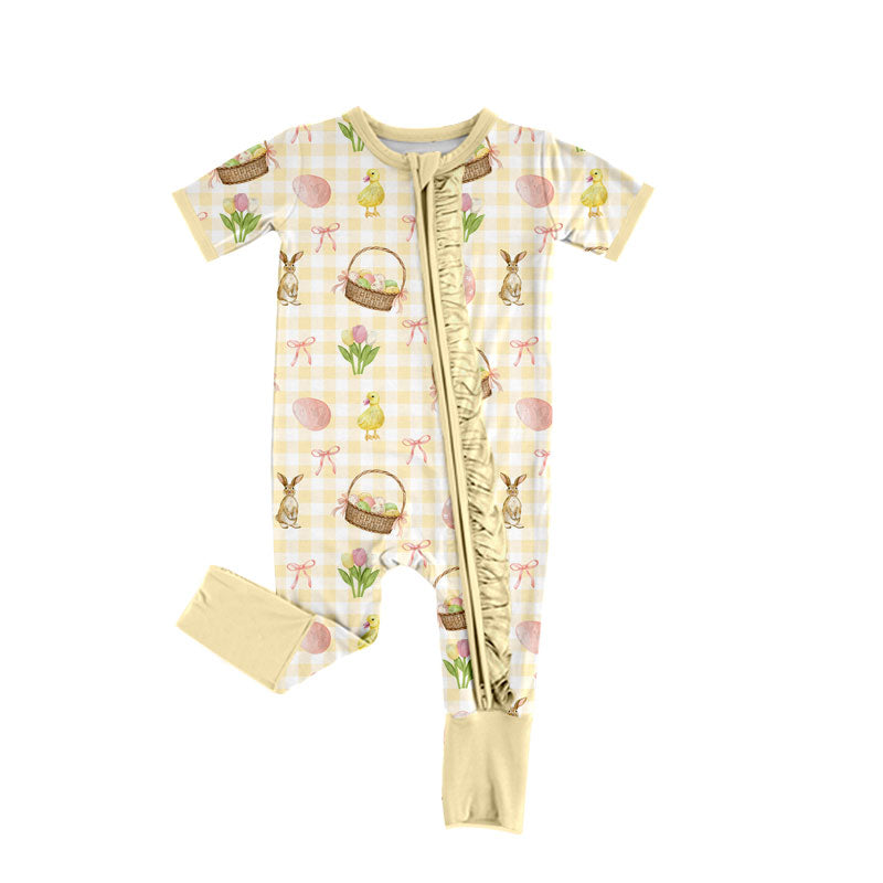 Preorder (moq 5) Baby Girls Eggs Rabbits Easter Two Way Ruffle Zip Convertible Rompers