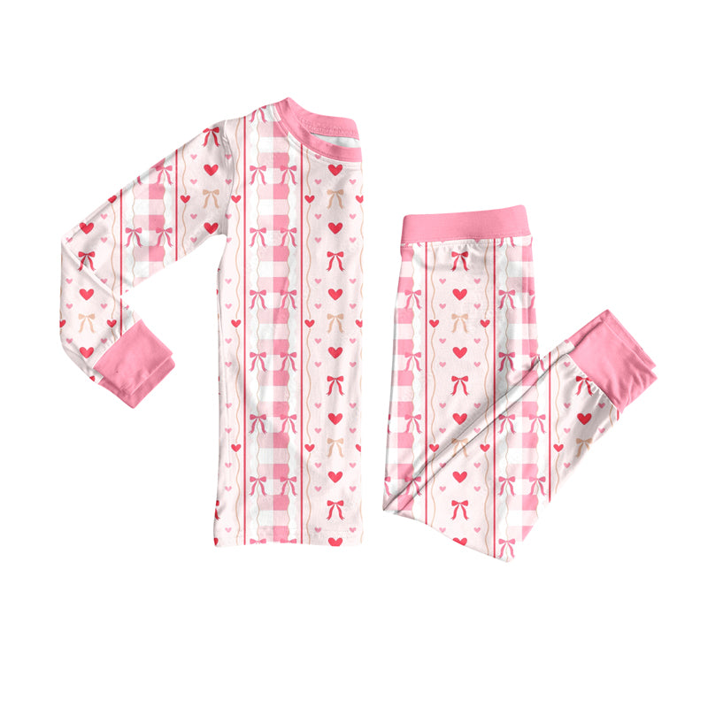 Preorder (moq 5)Baby Girls Long Sleeves Pink Bows Hearts Stripes Top Pants Pajamas Set
