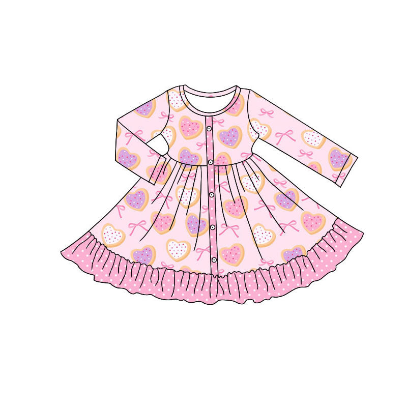 Preorder (moq 5)Baby Girls Pink Hearts Bows Button Valentine Ruffle Knee Length Dresses