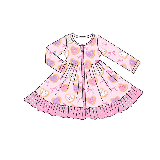 Preorder (moq 5)Baby Girls Pink Hearts Bows Button Valentine Ruffle Knee Length Dresses
