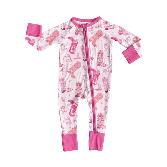 Preorder (moq 8)Baby Girls Pink Boots Bows Zipper Footie Rompers