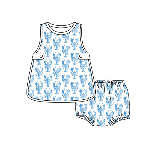 Preorder moq 5 Baby Boys Blue Crayfishes Plaid Hunting Top Bummies Short Clothes Set