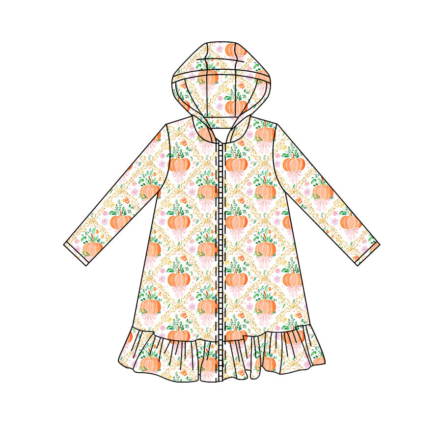 Preorder moq 5 Baby Girls Long Sleeve Flowers Pumpkins Fall Zip Ruffle Knee Length Dresses
