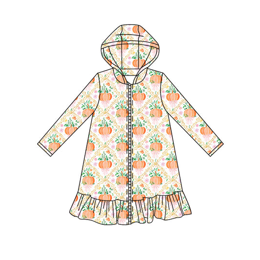 Preorder moq 5 Baby Girls Long Sleeve Flowers Pumpkins Fall Zip Ruffle Knee Length Dresses