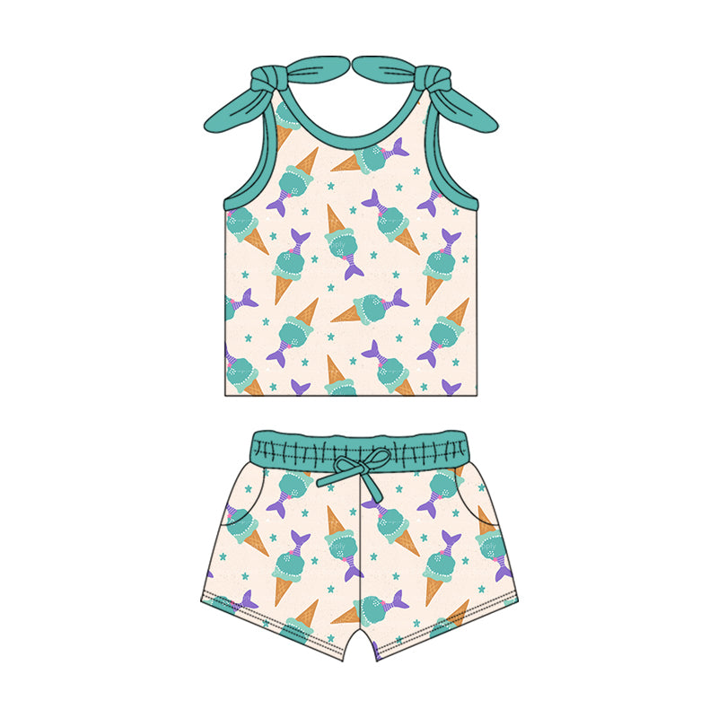 Preorder (moq 5)Baby Girls Popstick Mermaid Summer Shirt Top Shorts Clothes Sets