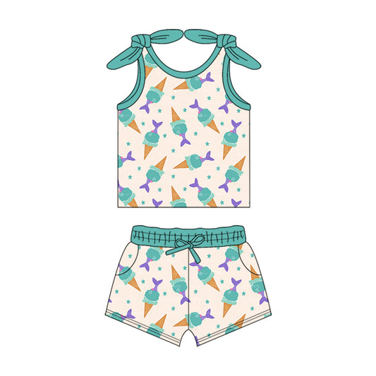 Preorder (moq 5)Baby Girls Popstick Mermaid Summer Shirt Top Shorts Clothes Sets