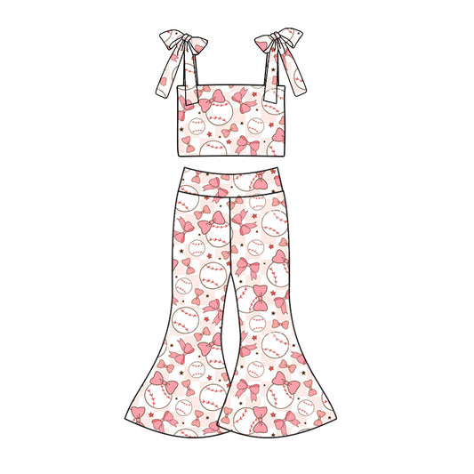 Preorder (moq 5)Baby Girls Baseball Pink Bows Straps Top Bell Pants Clothes Sets