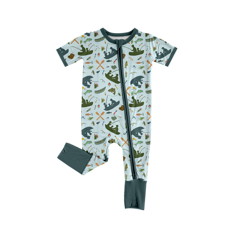 Preorder (moq 5)Baby Boys Dark Green Short Sleeves Boats Fishing Zipper Rompers