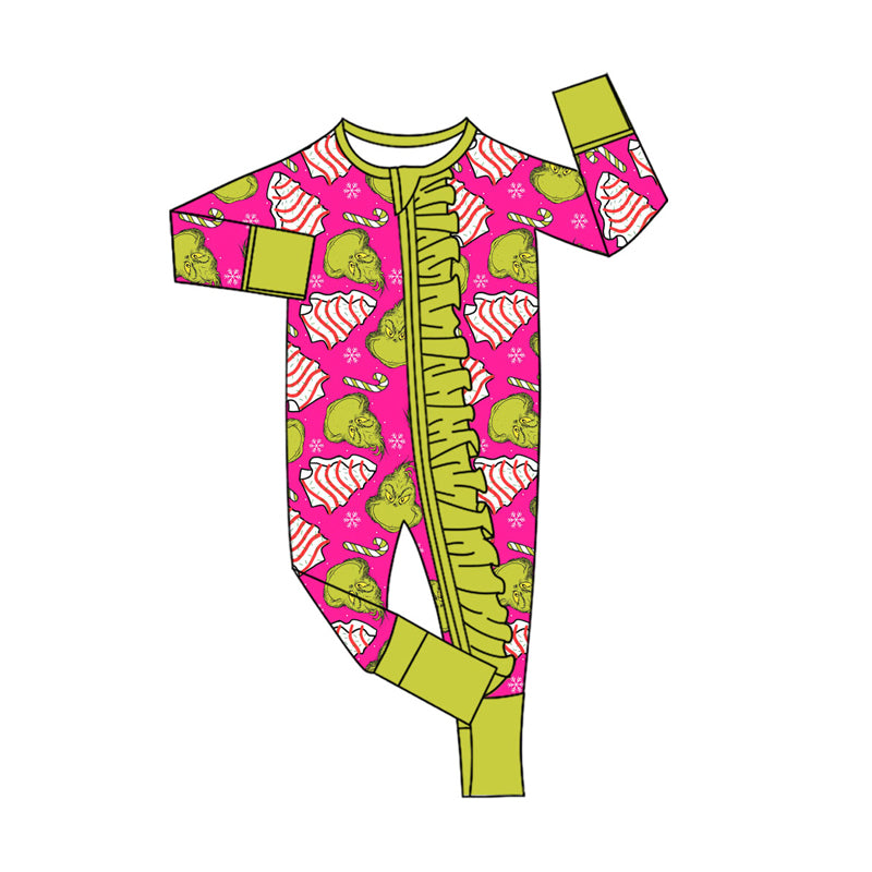 Preorder(moq 5)Baby Girls Green Faces Candy Cane Christmas Ruffle Zipper Footie Rompers