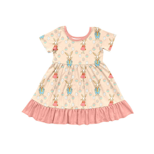 Preorder(moq 5) Baby Girls Rabbits Eggs Easter Ruffle Knee Length Dresses