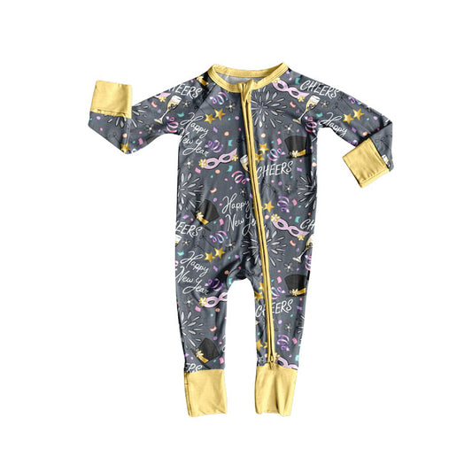 Preorder (moq 20)Baby Boys Bamboo Glasses Cheers Happy New Year Zippy Footie Rompers