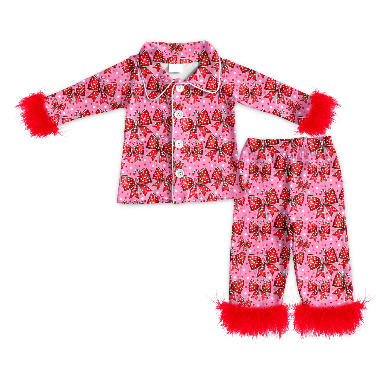 Preorder (moq 5)Baby Girls Red Bows Candy Cane Button Top Pants Christmas Fur Pajamas Set