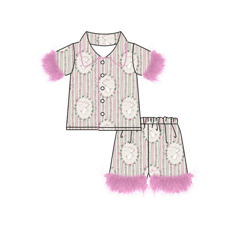 Preorder (moq 5) Baby Girl Clothes Easter Bunny Floral Oval Frame Stripe Print Short Sleeve Feather Trim Pajama Short Set