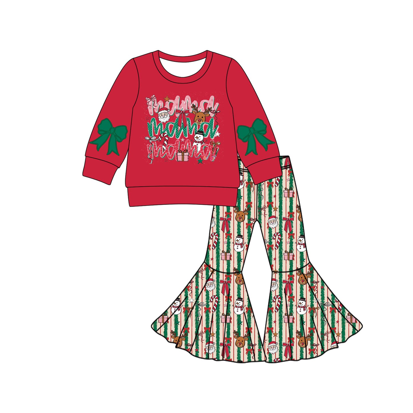 Preorder (moq 5)Baby Girls Merry Christmas Santa Deer Top Bell Bottom Pants Clothes Set