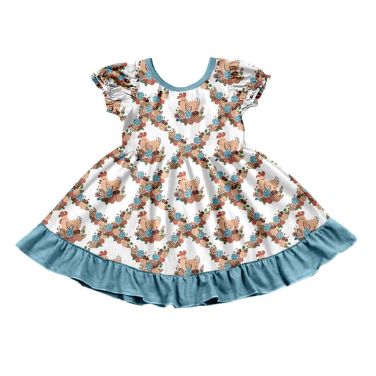 Preorder (moq 5) Baby Girl Clothes Vintage Chicken Floral Berry Print Short Sleeve Ruffle Twirl Dress