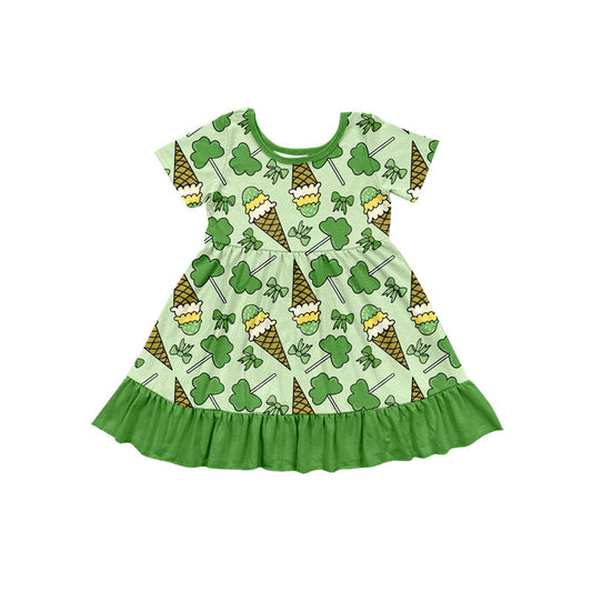 Preorder(moq 5) Baby Girls Green Clovers Ice Cream St Patrick Ruffle Knee Length Dresses