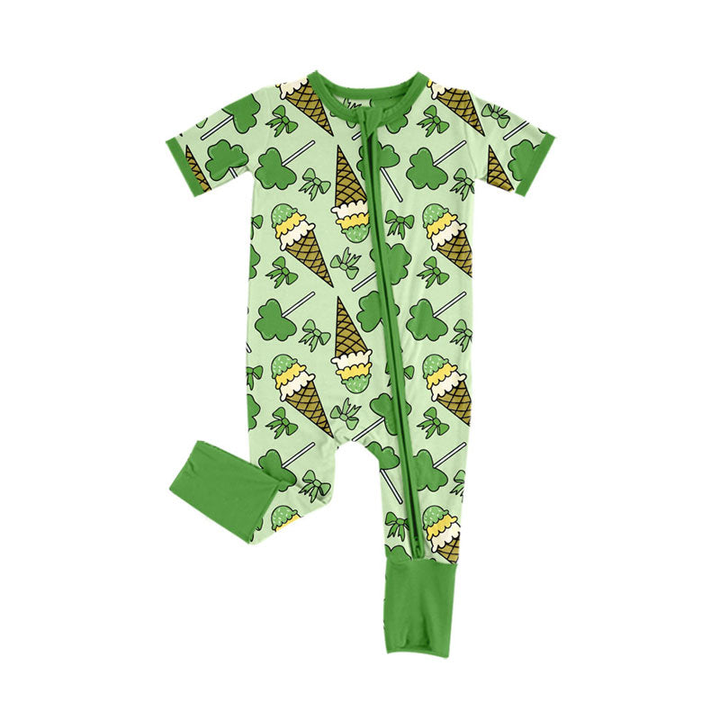 Preorder (moq 5)Baby Girls Green Clovers Ice Cream St Patrick Zipper Footie Rompers
