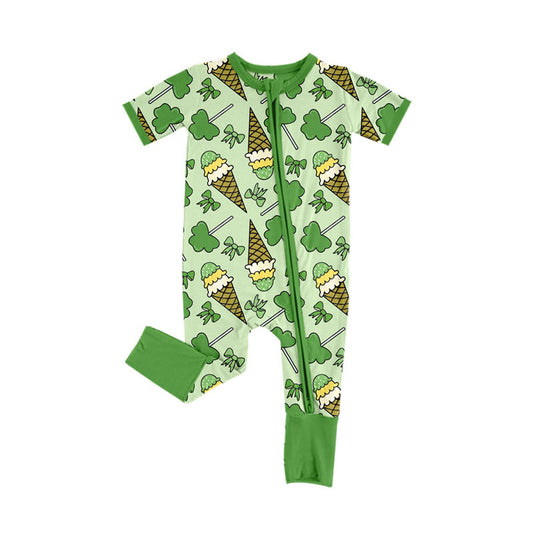 Preorder (moq 5)Baby Girls Green Clovers Ice Cream St Patrick Zipper Footie Rompers