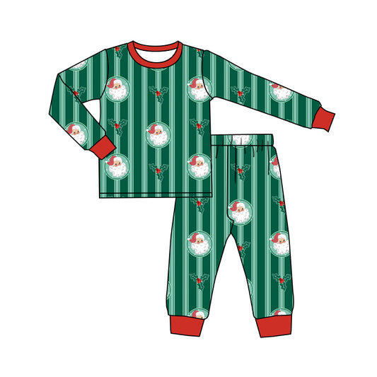 Preorder (moq 5) Baby Girl Clothes Christmas Santa Holly Stripe Print Long Sleeve Pajama Set