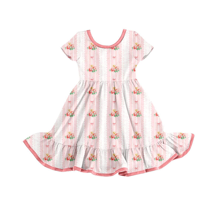 Preorder(moq 5) Baby Girls Pink Flowers Bows Stripe Ruffle Knee Length Dresses