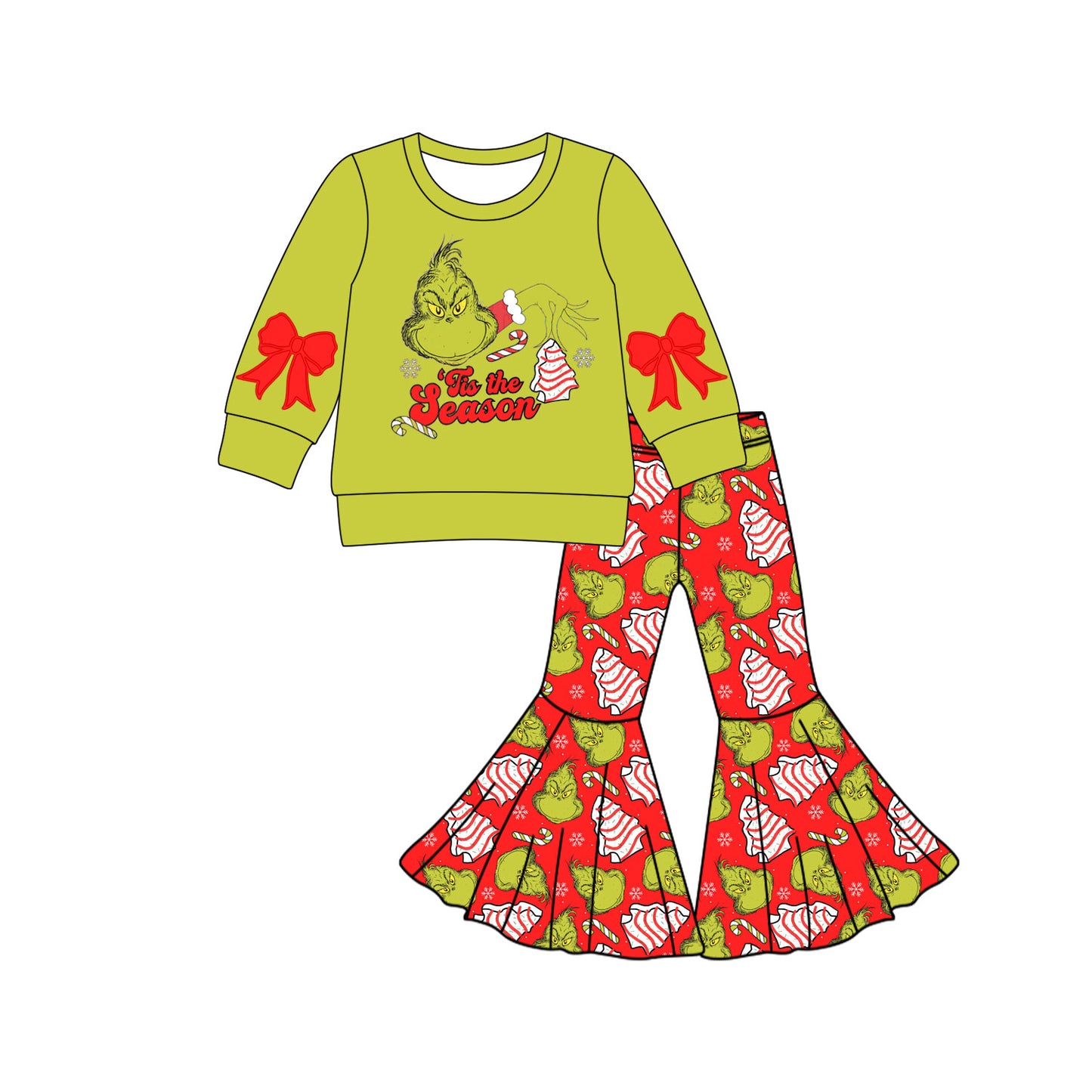 Preorder (moq 5)Baby Girls Green Face Candy Cane Top Bell Bottom Pants Christmas Set