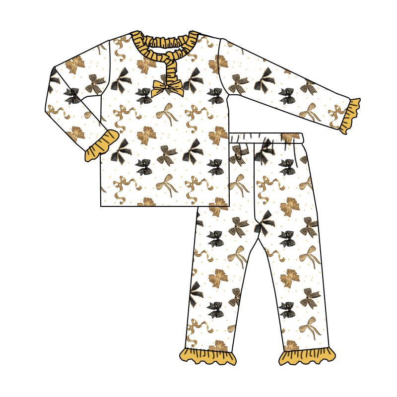Preorder (moq 20)Baby Girls Bamboo Black Gold Bows Happy New Year Pajamas Sets