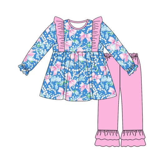 Preorder(moq 8)Baby Girls Flowers Bows Tunic Ruffle Pants Clothes Sets
