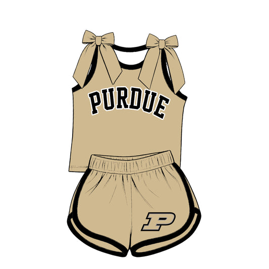 Preorder (moq 5) Baby Girls Khaki Bows Purdue Vest Short Team Clothes Set
