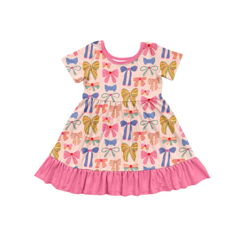 Preorder(moq 5) Baby Girls Colorful Bows Ruffle Knee Length Dresses