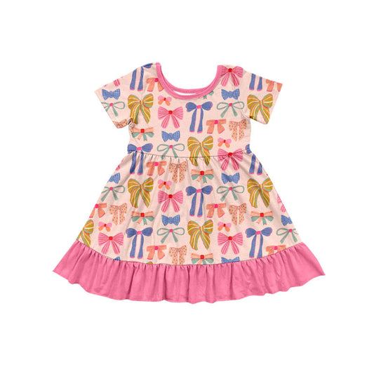 Preorder(moq 5) Baby Girls Colorful Bows Ruffle Knee Length Dresses
