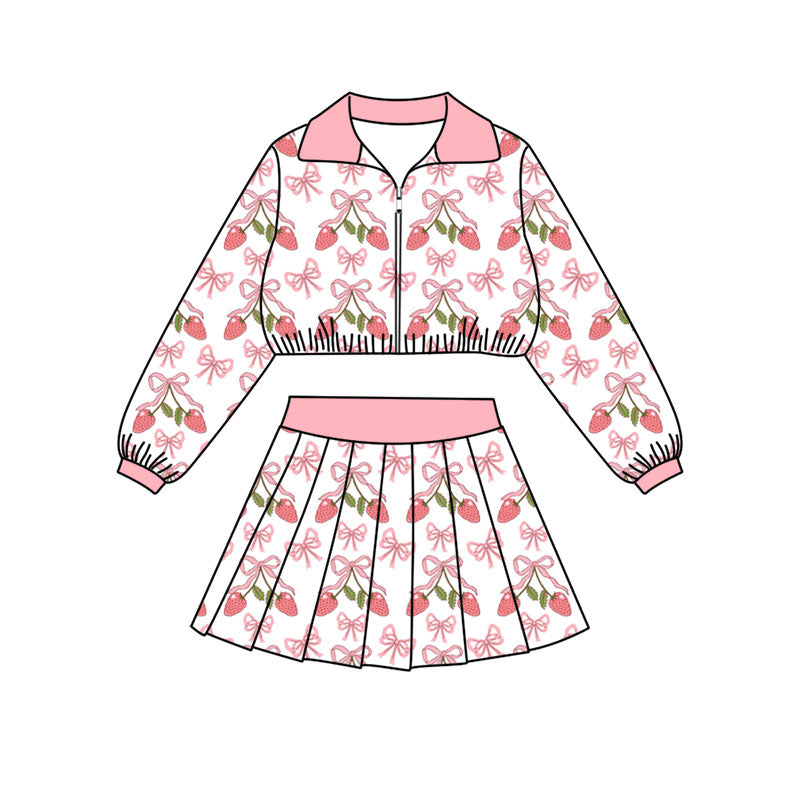 Preorder (moq 5)Baby Girls Bows Strawberry Zip Jackets Skirt Shorts Team Clothes Set