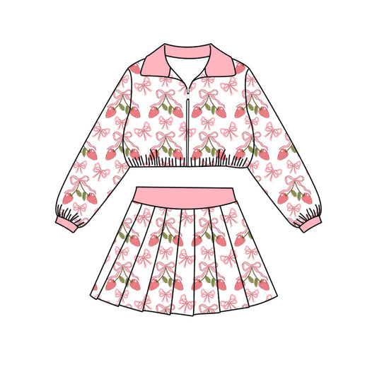 Preorder (moq 5)Baby Girls Bows Strawberry Zip Jackets Skirt Shorts Team Clothes Set