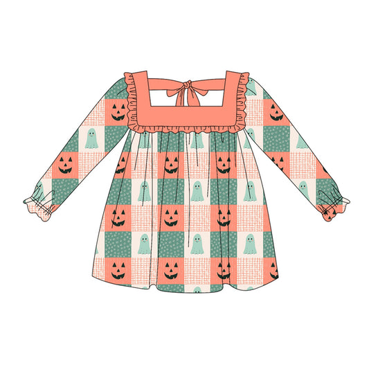 Preorder (moq 5)Baby Girls Long Ruffle Sleeves Orange Green Ghost Pumpkins Plaid Knee Length Dresses