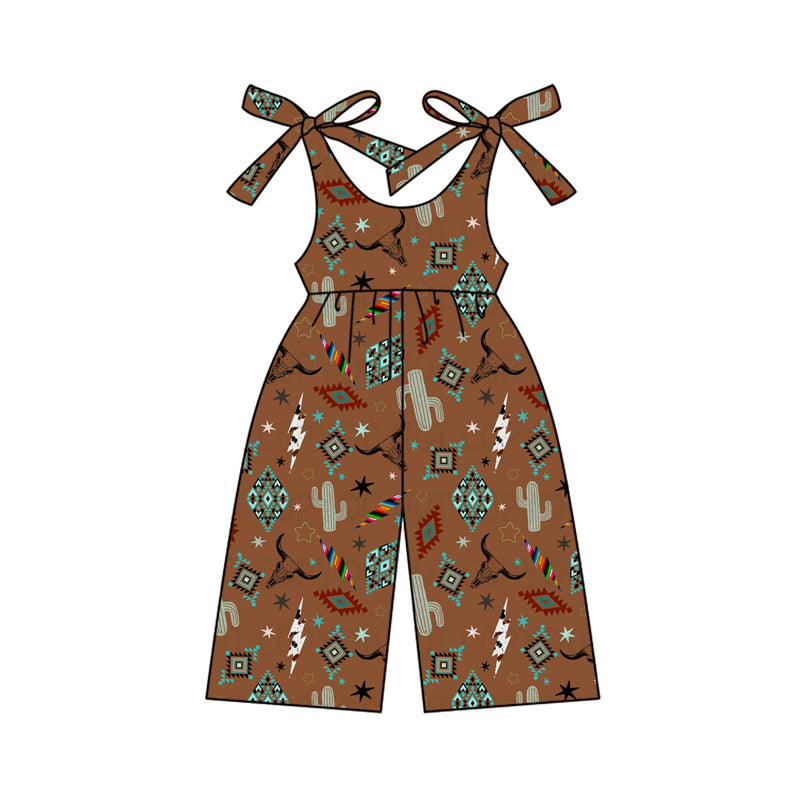 Preorder (moq 5)Baby Girls Brown Strap Cactus Bull Skull Aztec Jumpsuits