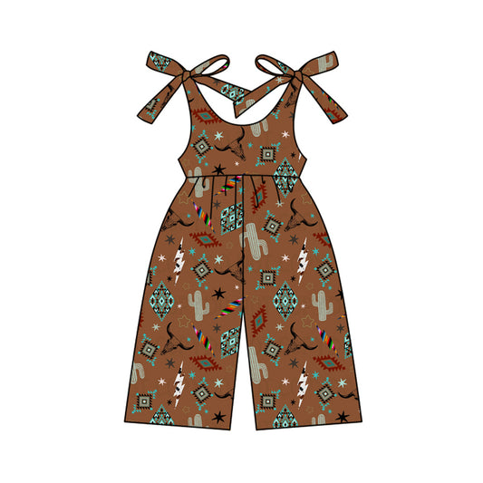 Preorder (moq 5)Baby Girls Brown Strap Cactus Bull Skull Aztec Jumpsuits