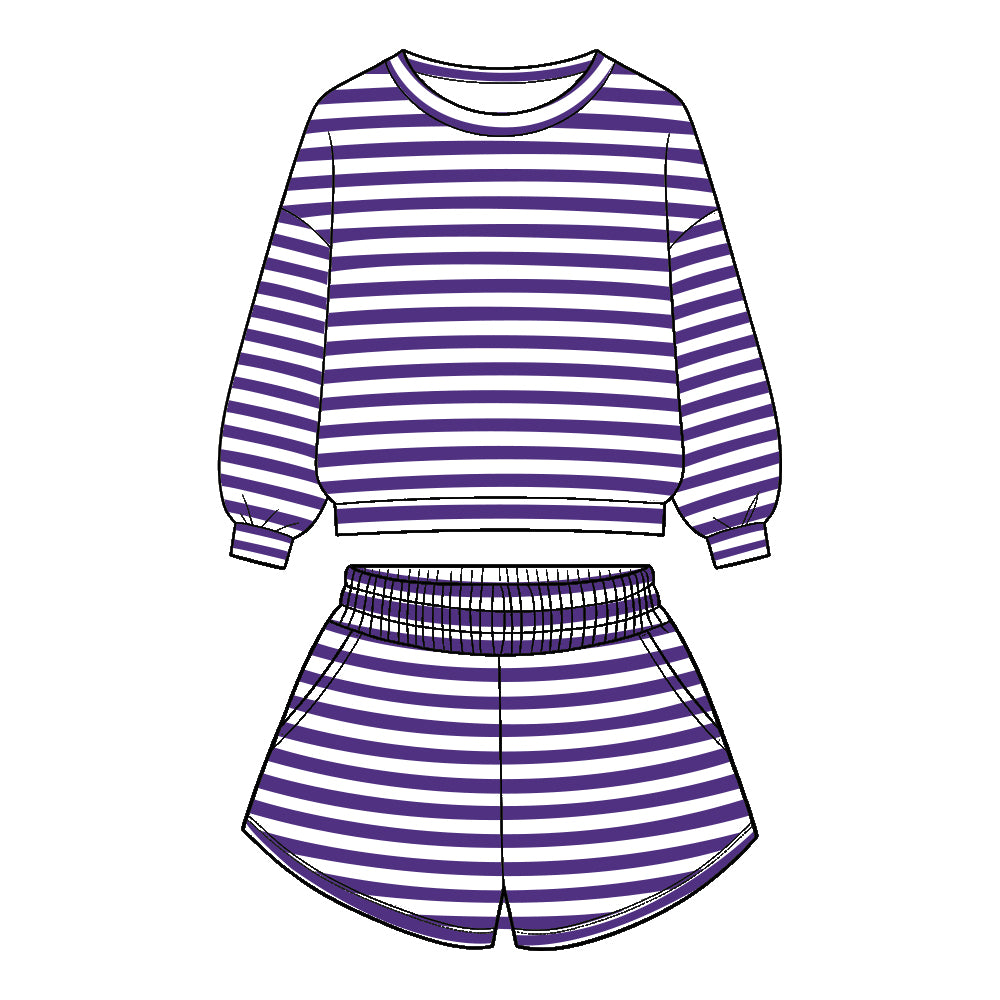 Preorder (moq 5)Baby Girls Long Sleeve Purple Stripe Top Pockets Short Clothes Set